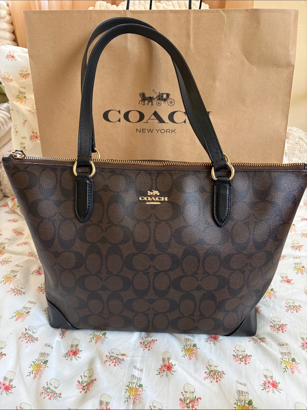 Coach Brown Signature Canvas Tote with Black Leather Handles